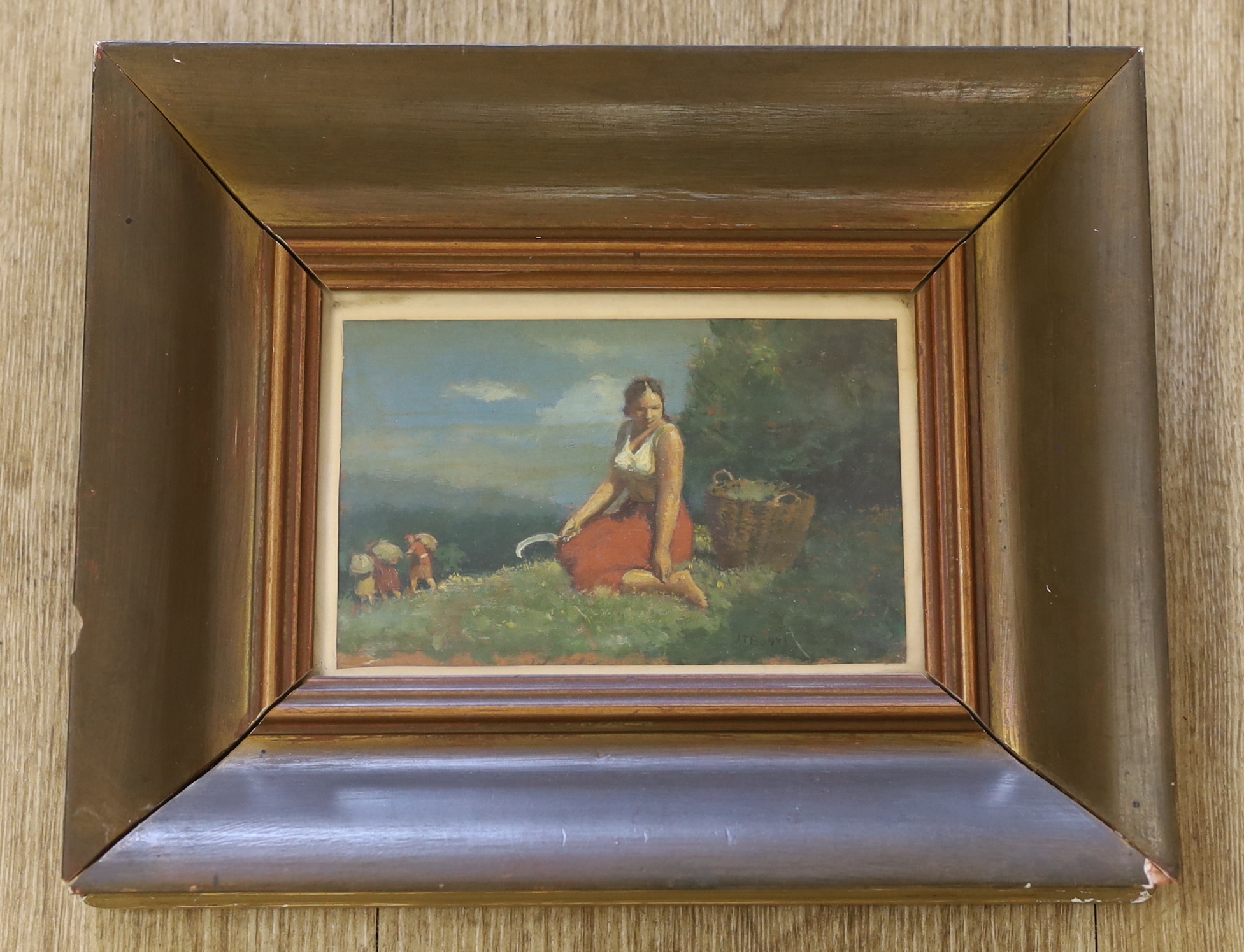 JTB (Hungarian mid 20th century), oil on board, workers in a field, initialled JTB and dated 1943, 9cm x 14cm